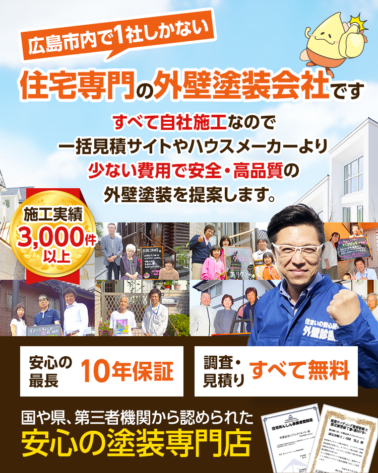 施工実績3,000件以上、広島市内に1社しかない住宅専門の外壁塗装会社です。すべて自社施工なので 一括見積サイトやハウスメーカーより少ない費用で安全・高品質の外壁塗装を提案します。